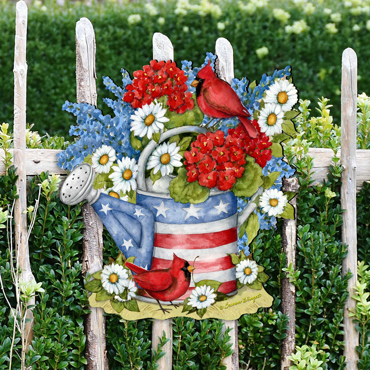 Patriotic Outdoor Garden Decor - American Watering Can Stakes - Front Yard Red and Blue Pot - Flowerpot Sign by Susan Winget - Handmade Gift - Rustic Adornment - 8471212M-SW