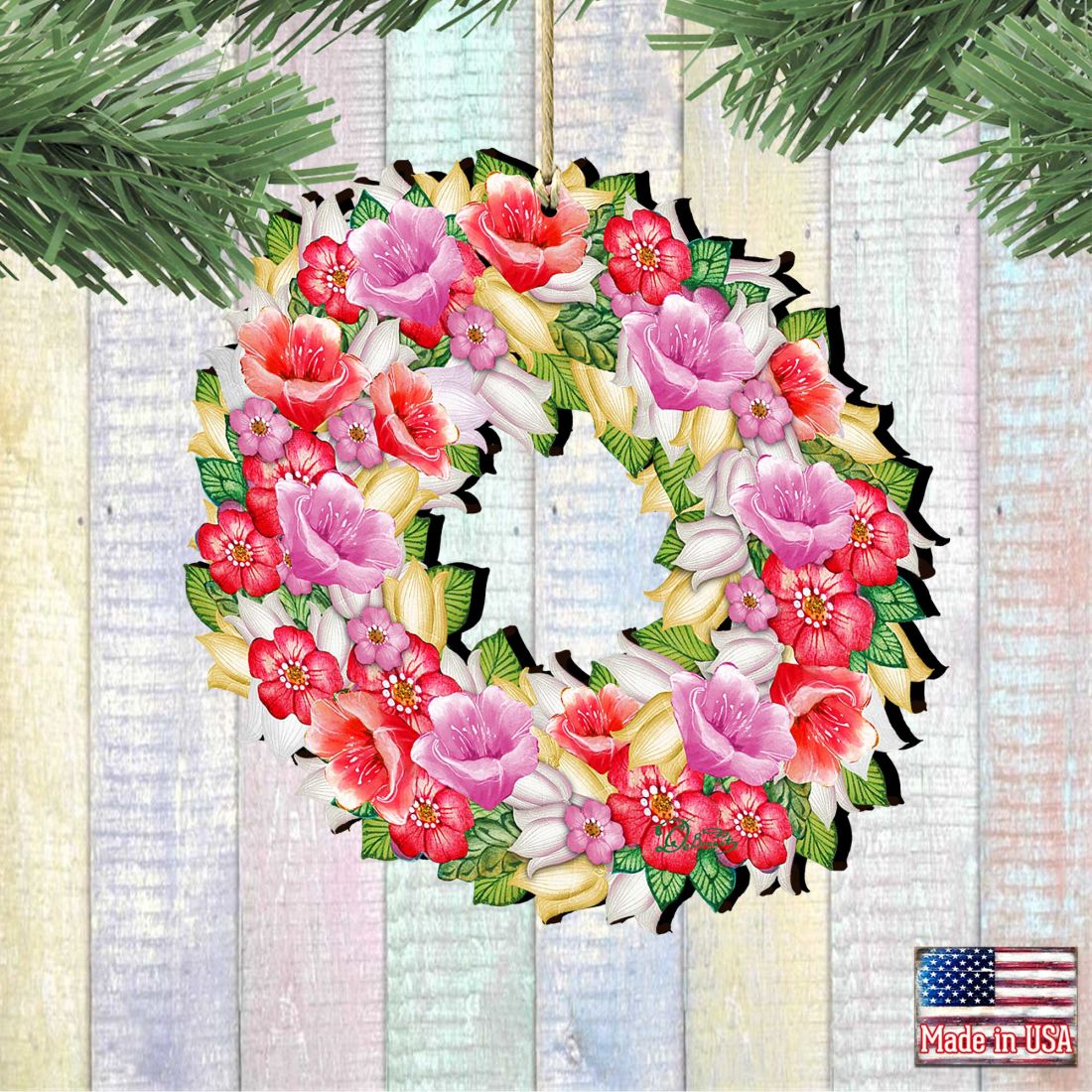 Flowers Summer Wreath Wooden Ornaments by G. DeBrekht - Easter Spring Decor - 8185303-2