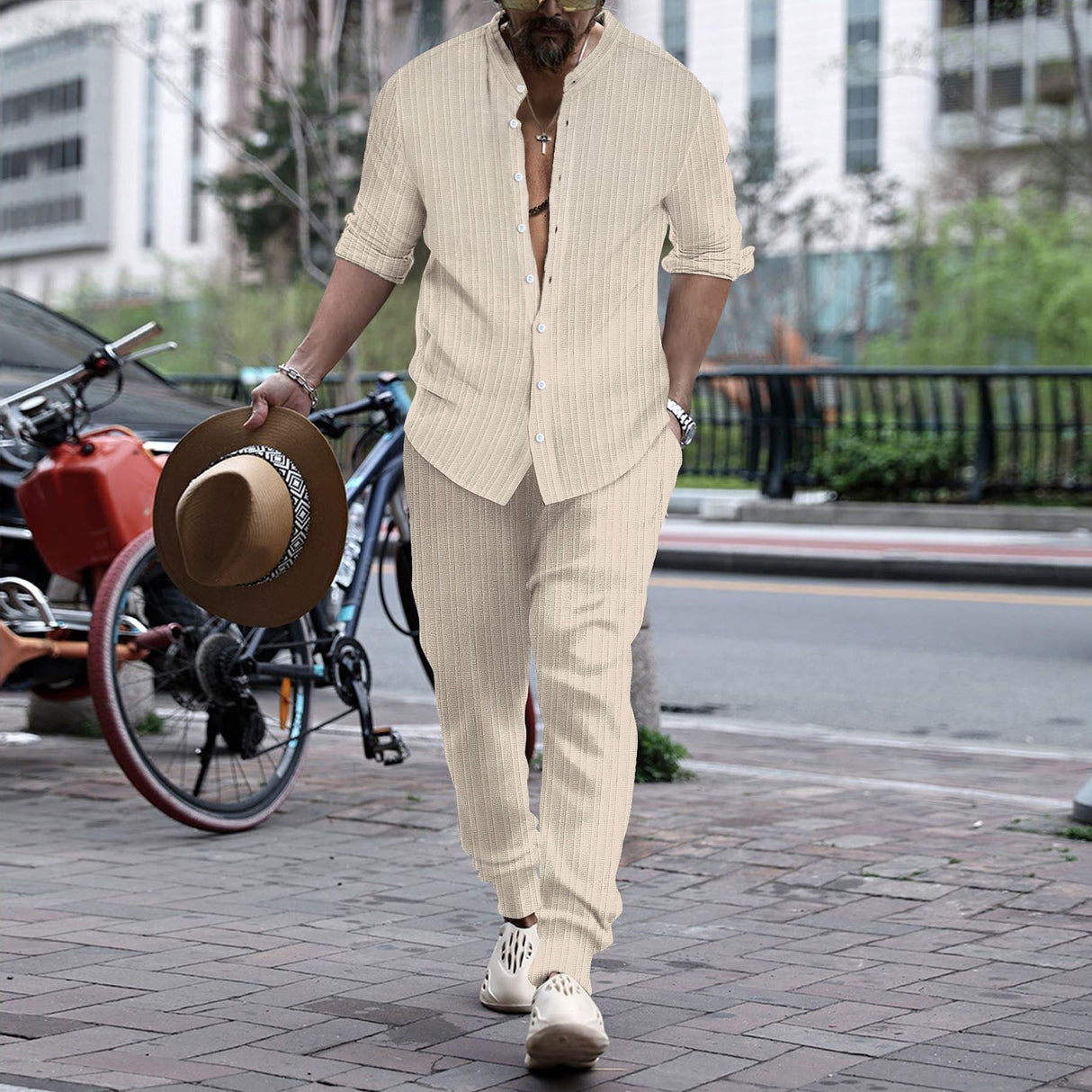 Men's Striped Hengli Collar Shirt Trousers - Lootquake