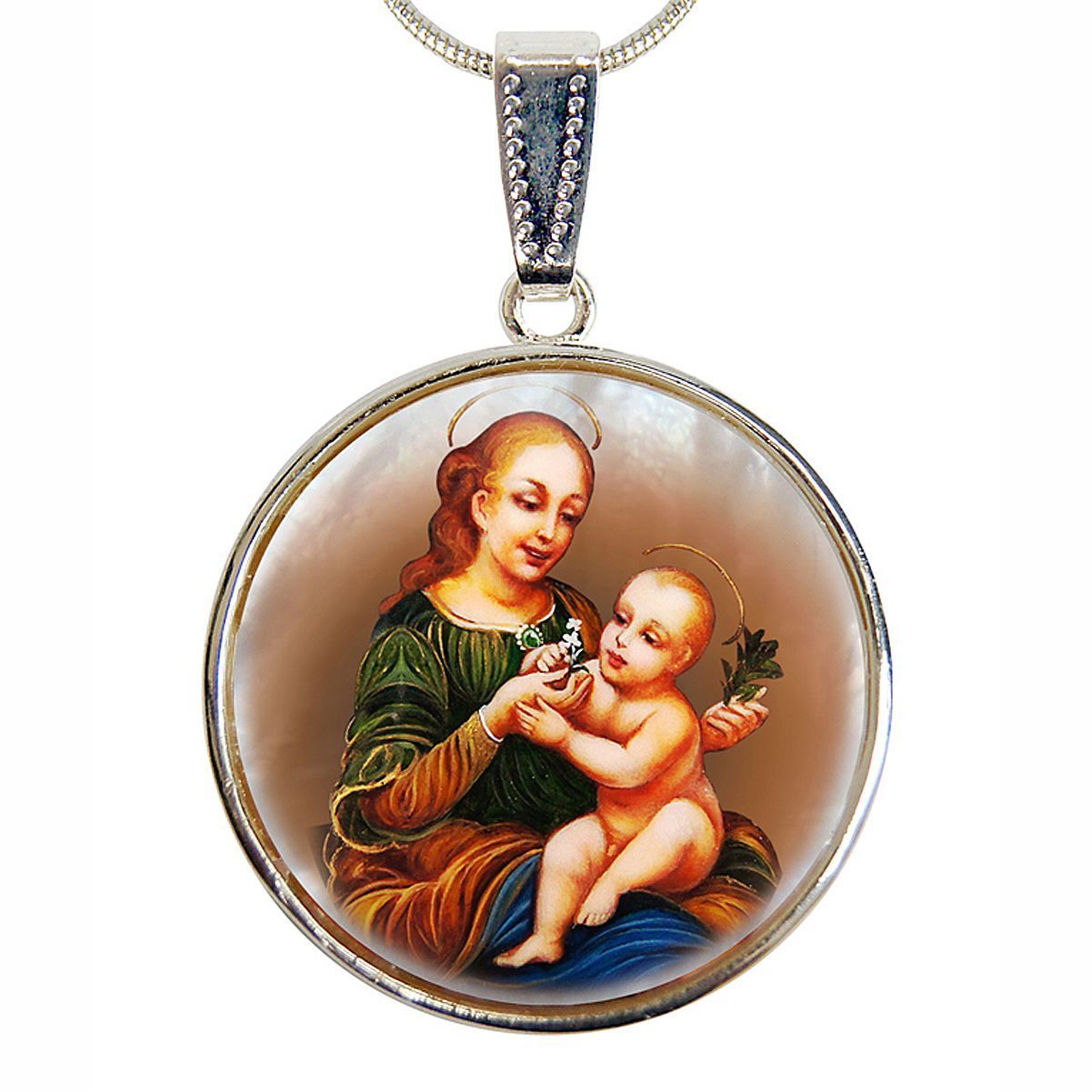 Madonna And Child Silver Plated Mother of Pearl Necklace Jewelry - 43031