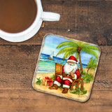 Juego de 4 posavasos de corcho de madera "Santa en la playa" de G. Debrekht - Decoración navideña de Santa - 8199441C-S4