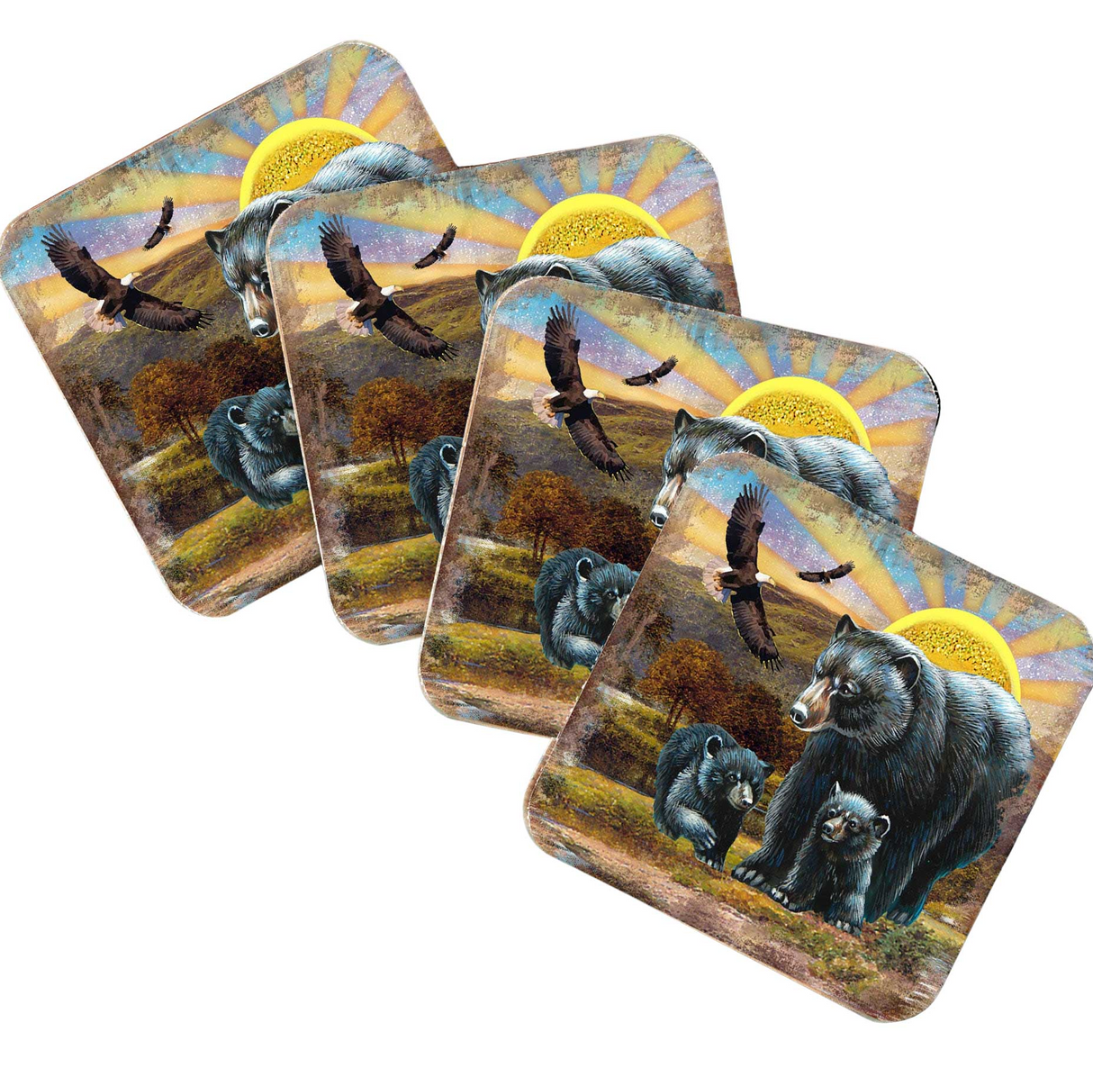 Bears Wooden Cork Coasters Gift Set of 4 by Nature Wonders - Nature Wildlife Decor  - 95214C-S4