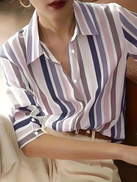 Ladies' Long-sleeved Striped Printed Versatile Casual Shirt - Lootquake