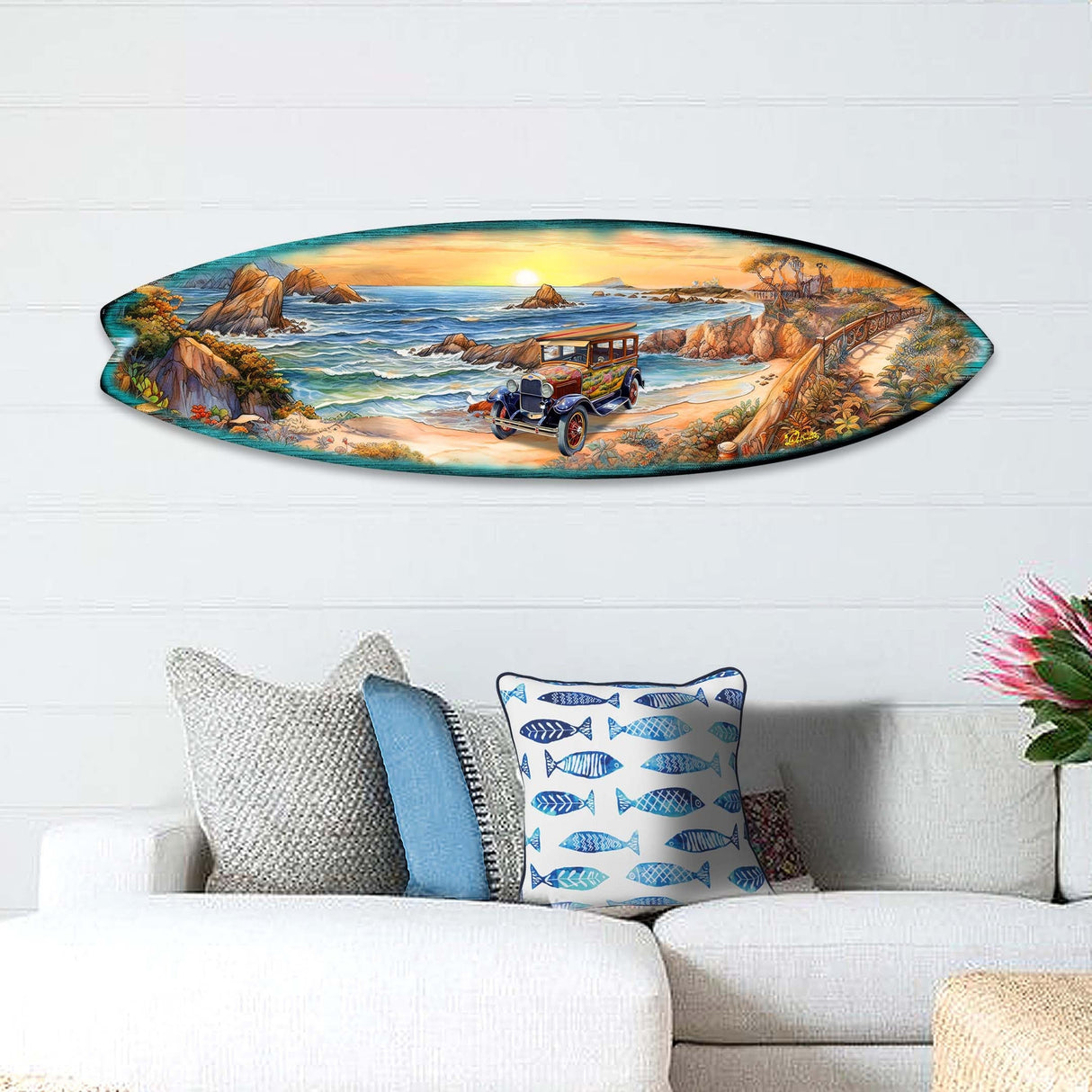 Tabla de surf al amanecer en la playa, arte mural costero de G. DeBrekht - Decoración navideña costera - 8490124HS