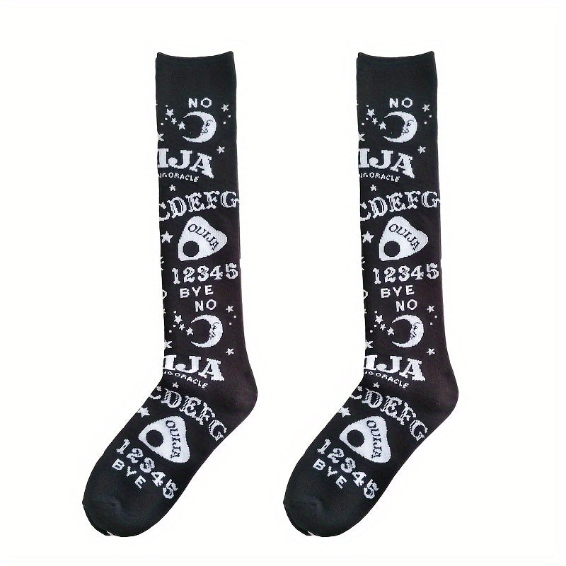 Calcetines hasta la rodilla con estampado de letras y sol de dibujos animados, cómodos y combinables, medias y calcetería para mujer