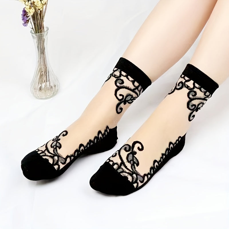 5 pares de calcetines de malla bordados, finos y cómodos, de tubo medio, para mujer.