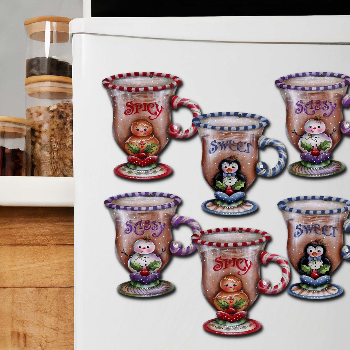 Juego de 6 imanes decorativos de madera con temática de temporada dulce y picante de Jamie Mills-Price - Decoración navideña - 8090053G-S6