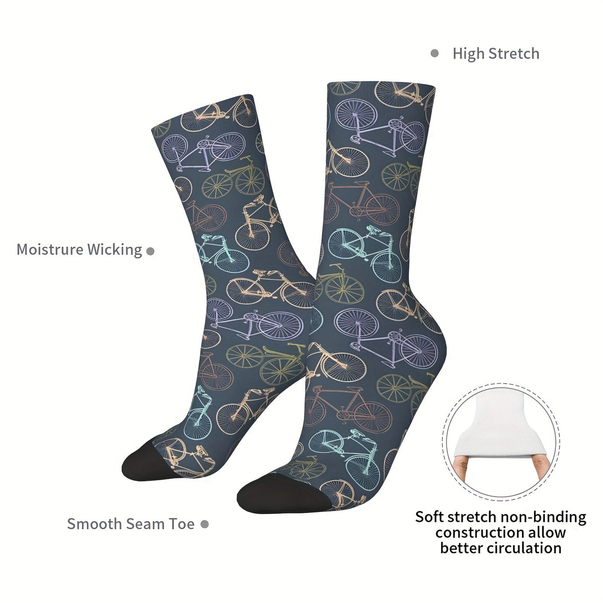 1 Pair of Vibrant Geometric-Patterned Mens Crew Socks - Breathable, Comfy, Casual, Unisex for Outdoor Wearing All Seasons - Soft Polyester Knit Fabric, Novelty Design for Fashion-Forward Guys