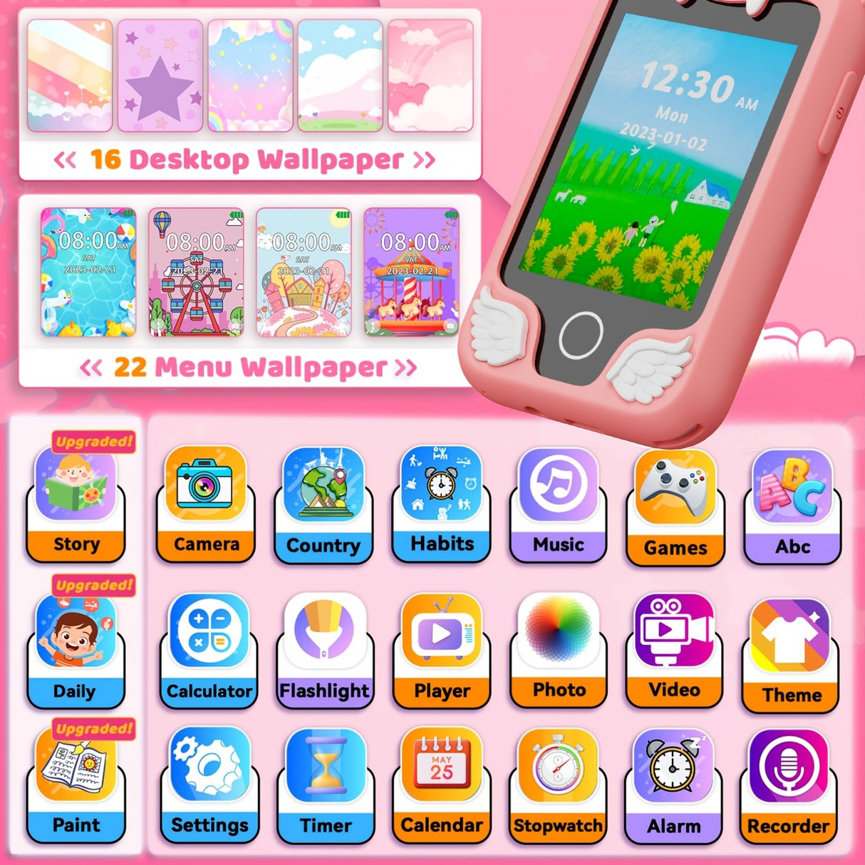 Téléphone intelligent interactif à écran tactile pour enfants de 3 ans et plus, jouet en silicone rose avec double caméra HD, rechargeable par USB avec batterie lithium-polymère de 1 100 mAh, carte SD de 8 Go incluse, cadeau de voyage éducatif pour et