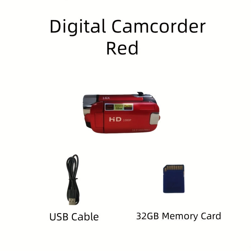 1080P Portable Digital Camcorder, Rotate Screen Digital Camera With Rechargeable Battery And 32G Memory Card Support Selfie, Suitable For Travel Photograph And Friend Gathering And Growth Recording