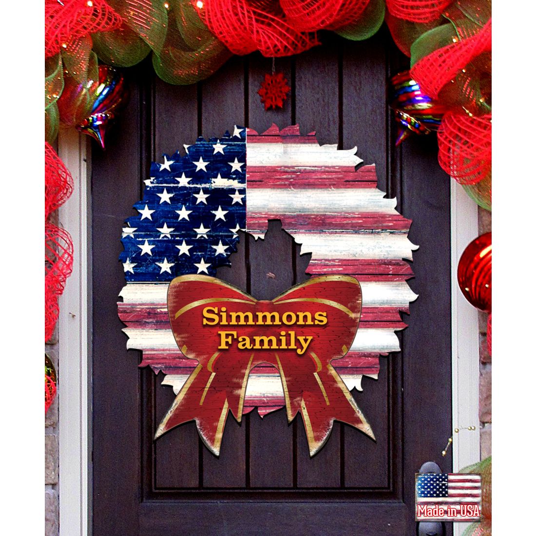 USA Flag Wreath Family Name Personalazed Holiday Door Decor by G. DeBrekht - American Christmas Decor - 8185302HP