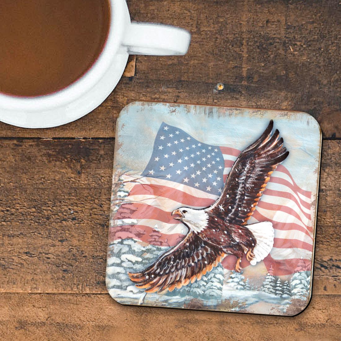 Juego de 4 posavasos de corcho de madera con diseño de águila americana de Nature Wonders - Decoración patriótica americana - 95221C-S4