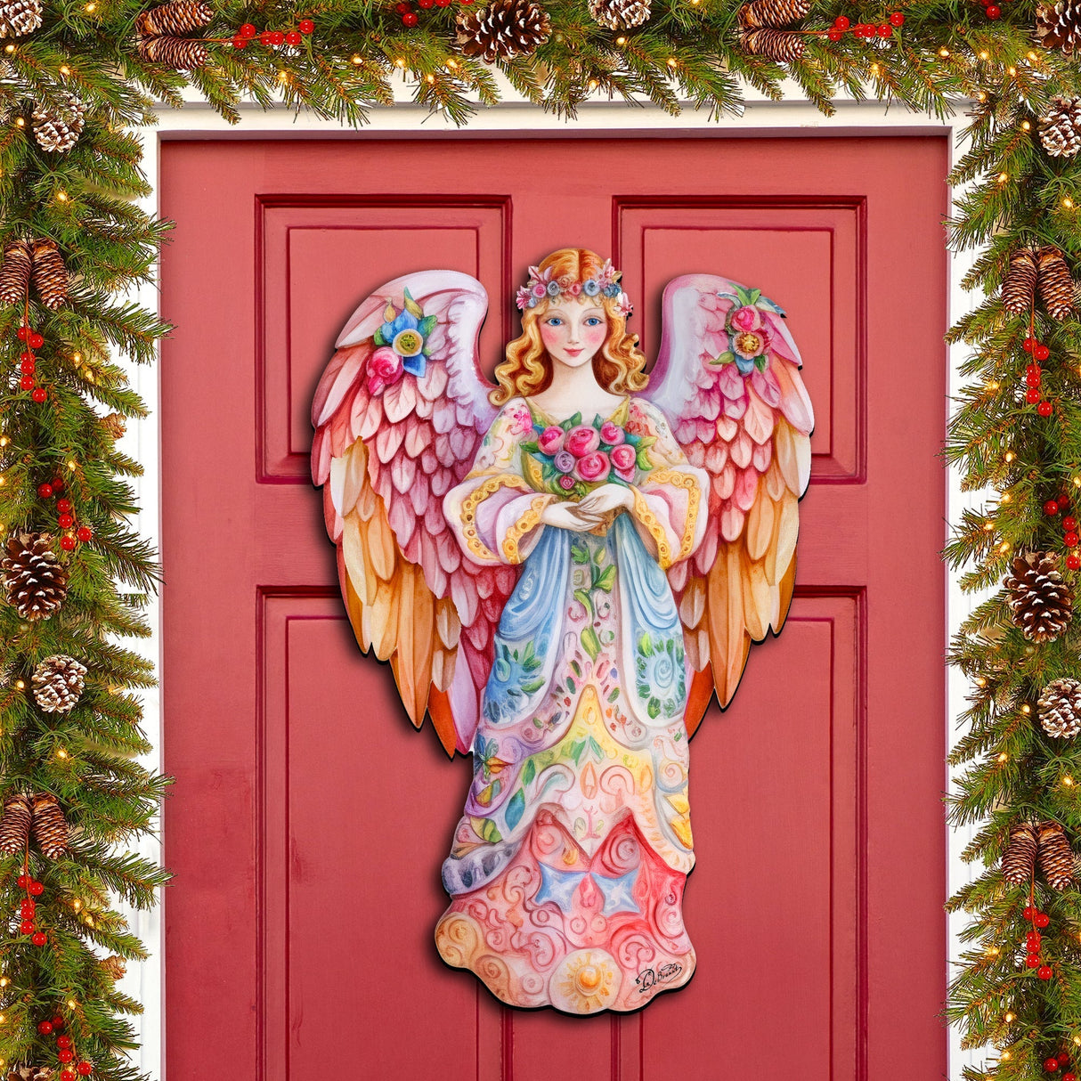 Ángel floral rosa para puerta, decoración navideña de G. Debrekht - 8611023H