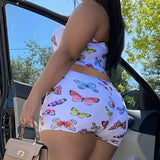 Ladies' Fashionable And Casual Slim Fit Butterfly Print Chest Wrapped Top And Shorts Set - Lootquake