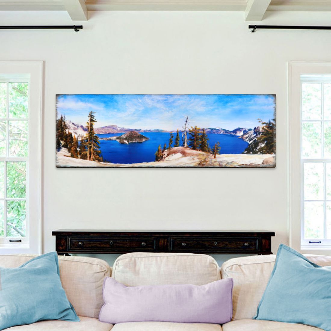 Crater Lake Oregon Wide Panorama Wooden Coastal Wall Art by Nature Wonders - Coastal Sea-Life Decor - 95388B-L