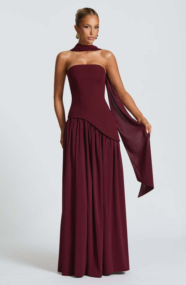 Cherry Lacquer Maliyah Maxi Dress with Chiffon Skirt & Scarf