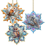 Owls Snowflake Wooden Ornaments Set of 3 by G. Debrekht - Nature Wildlife Decor - 8090152-S3