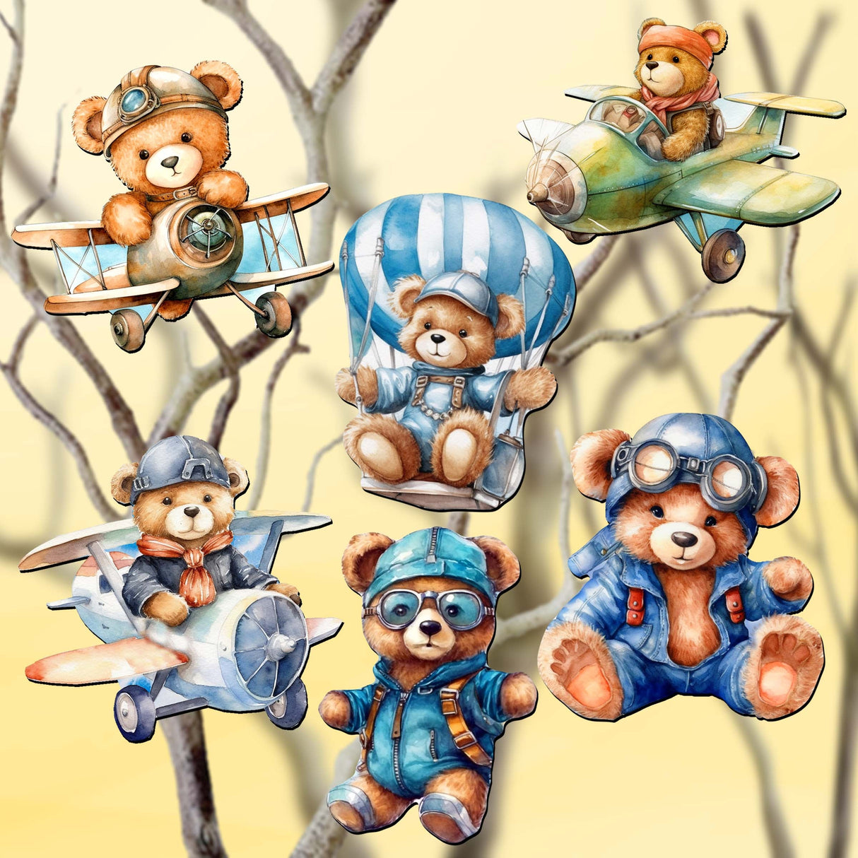 Aviator Teddy Bear Decorative Wooden Clip-on Ornaments of 6 by G. Debrekht - Christmas Decor - 8090010C-S6