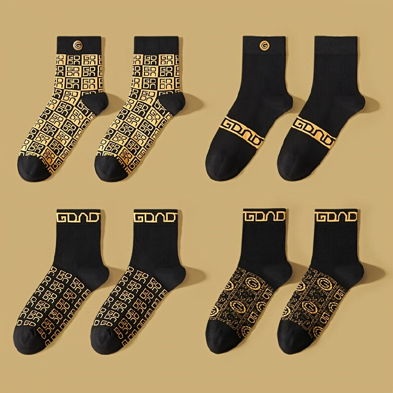 4 pares de calcetines geométricos de moda para hombre: mezcla de algodón suave, transpirables y cómodos. Calcetines unisex casuales y versátiles para exteriores en todas las estaciones.
