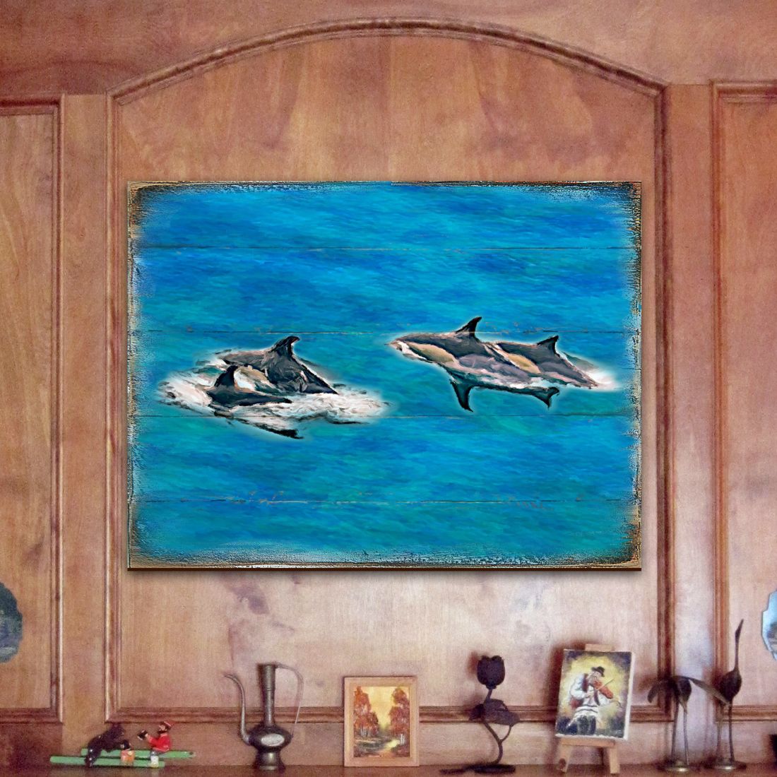 Orcas de Spearman Shamus, arte de pared costero de madera de Nature Wonders - Decoración costera de vida marina - 95255B