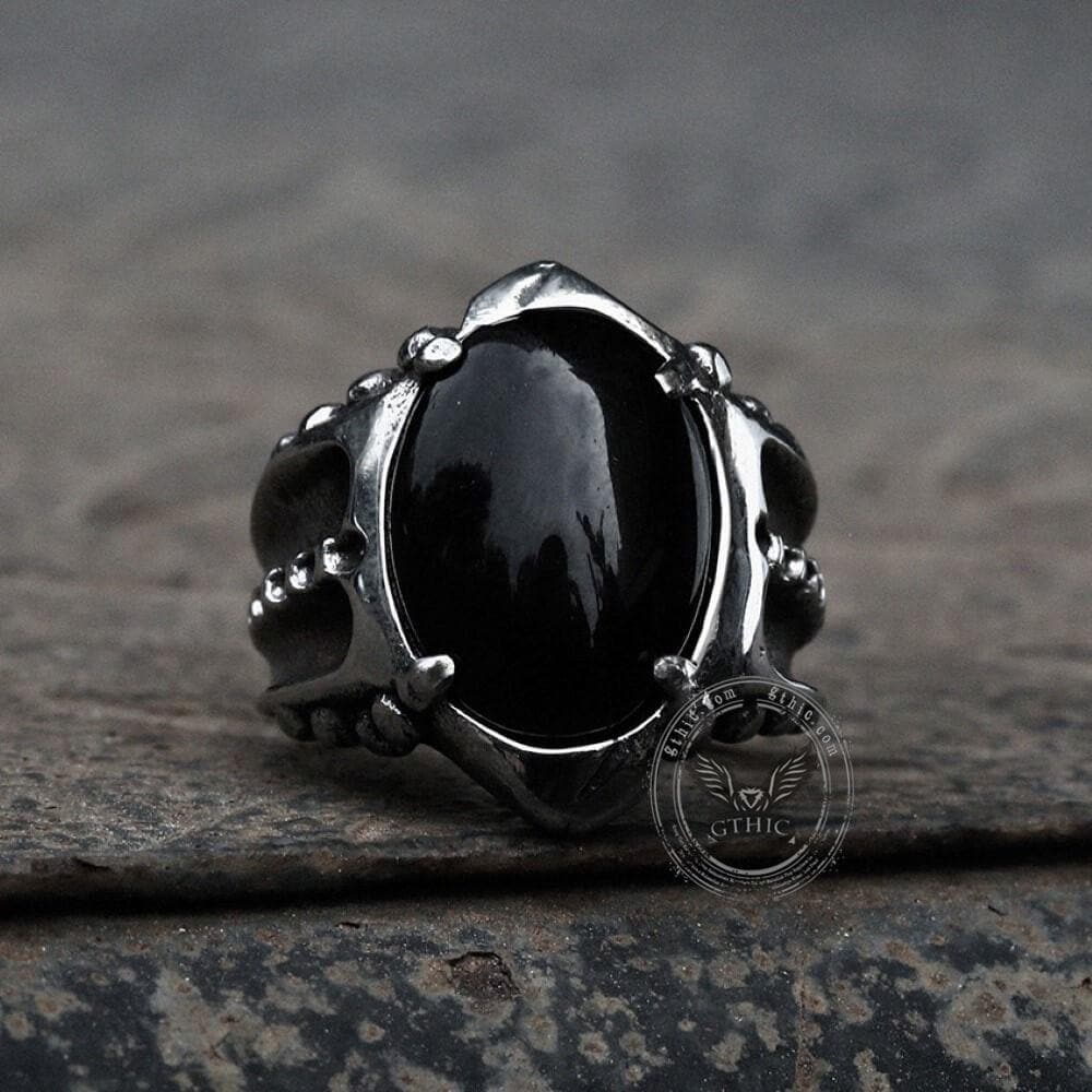 Anillo gótico punk de acero inoxidable con ágata negra