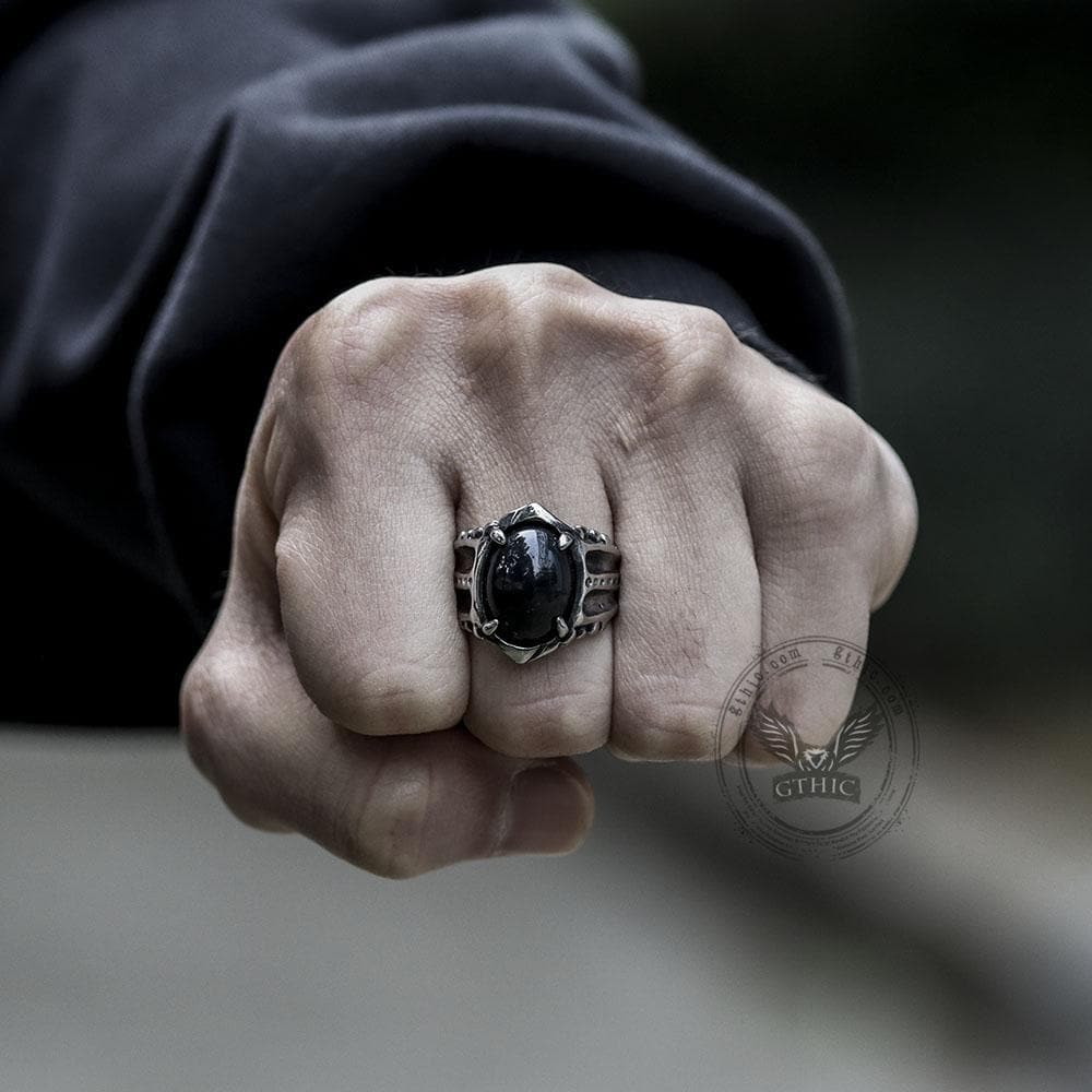 Anillo gótico punk de acero inoxidable con ágata negra