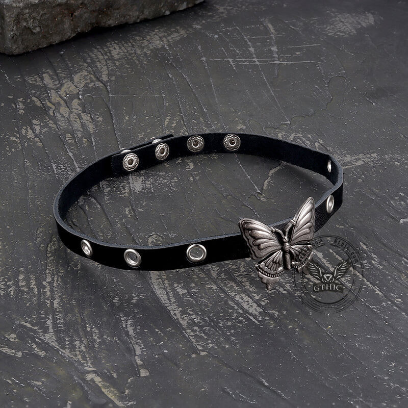 Gargantilla de cuero de aleación con diseño de mariposa negra