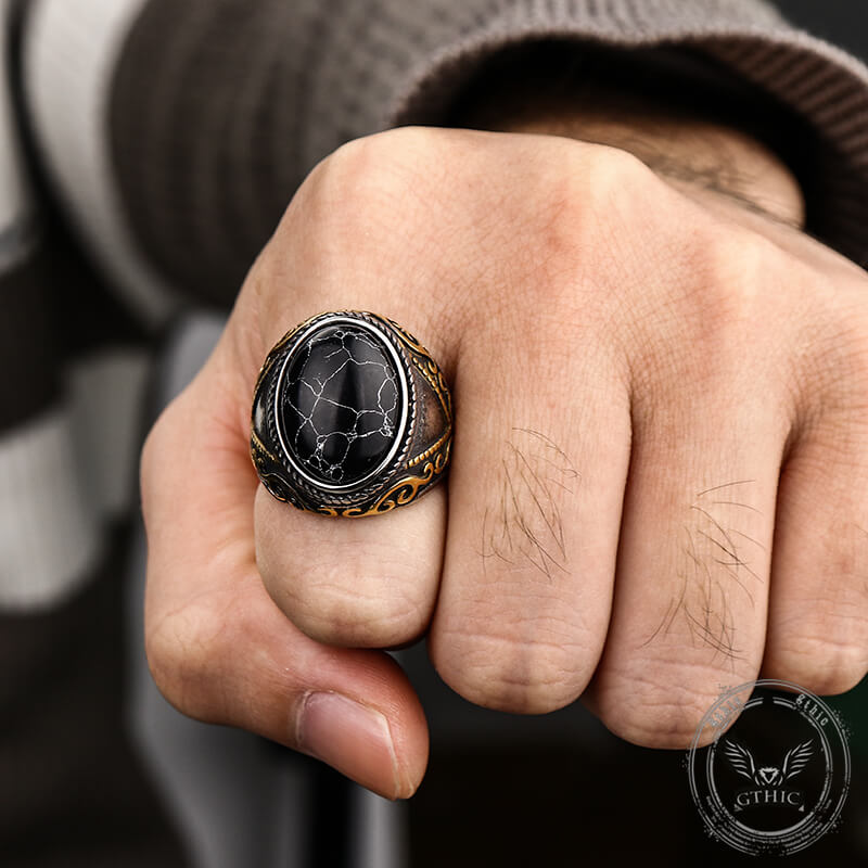 Anillo de acero inoxidable con estampado de turquesa y grietas negras