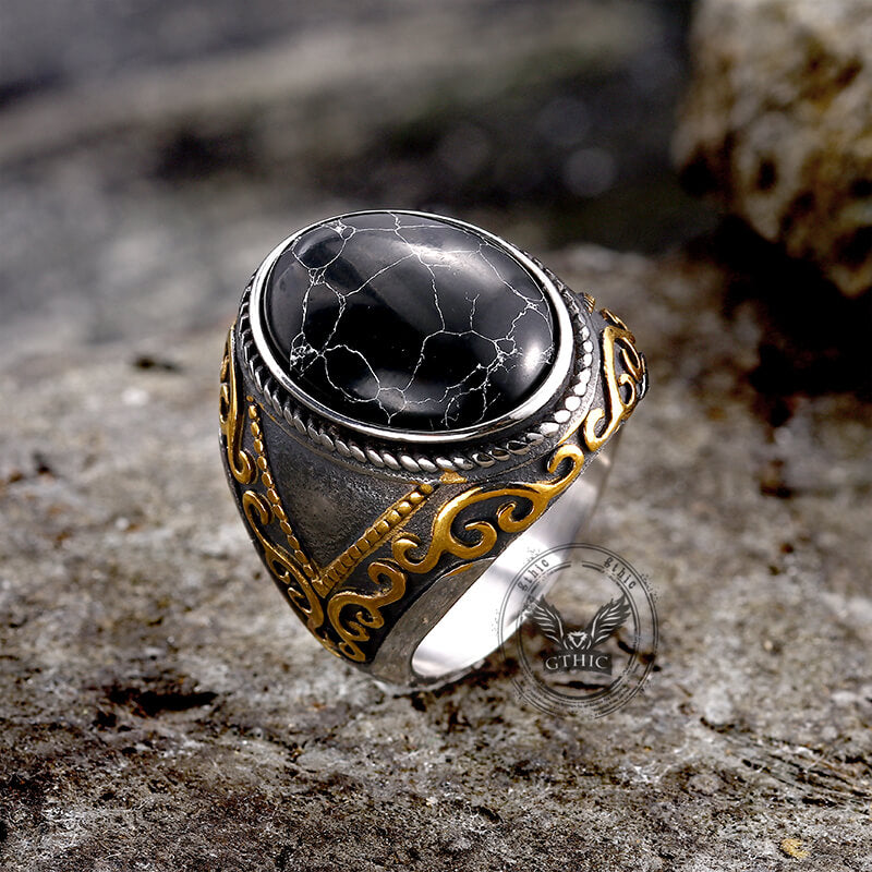 Anillo de acero inoxidable con estampado de turquesa y grietas negras