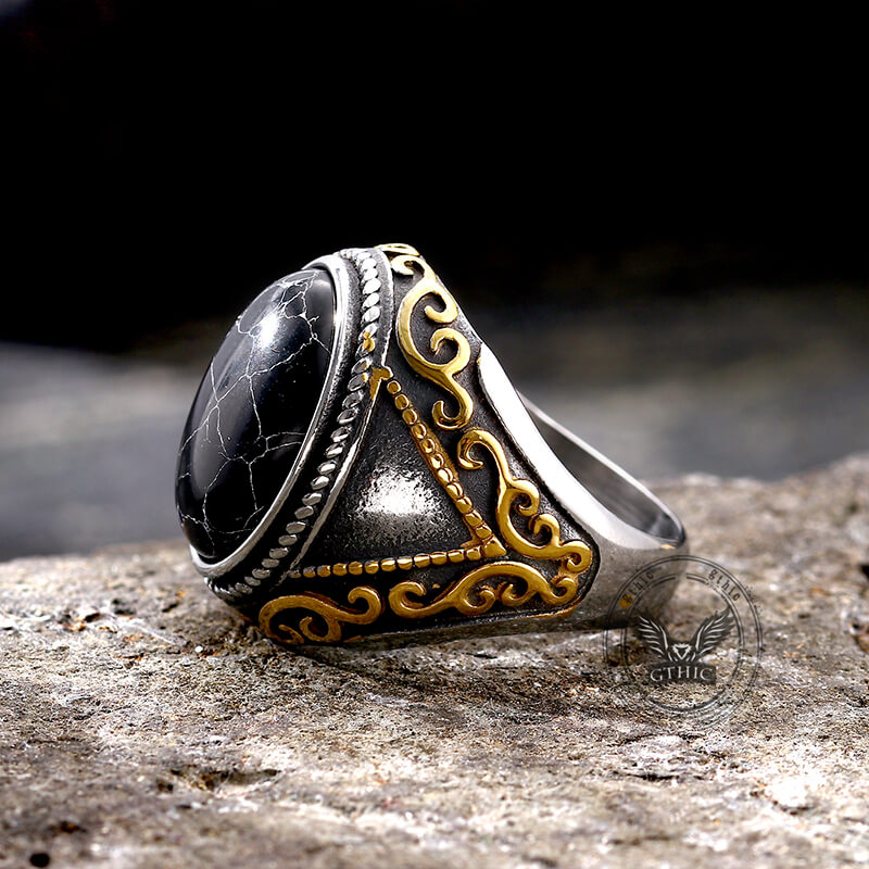 Anillo de acero inoxidable con estampado de turquesa y grietas negras