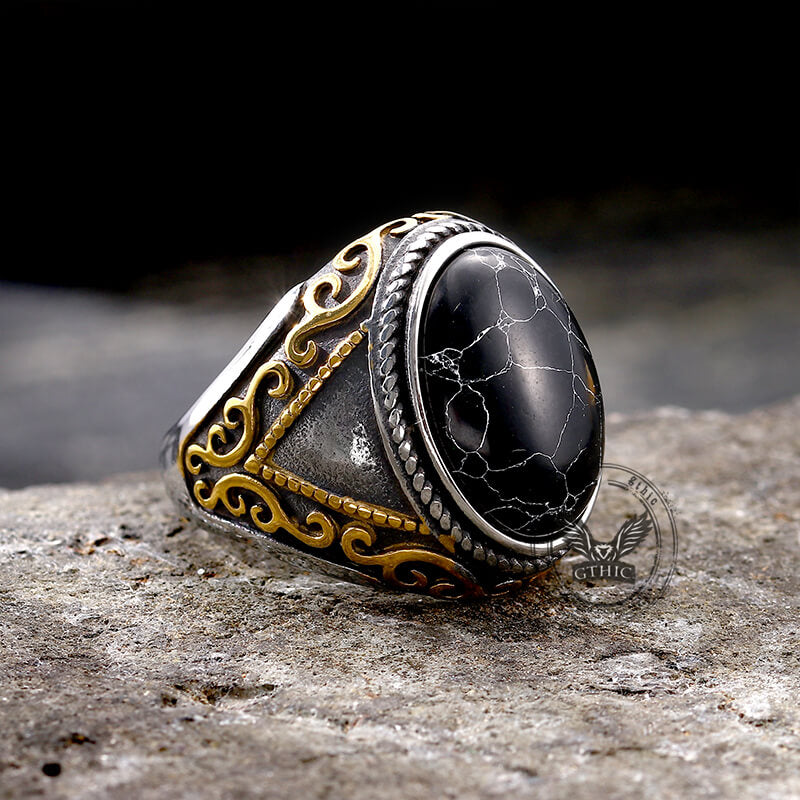 Anillo de acero inoxidable con estampado de turquesa y grietas negras