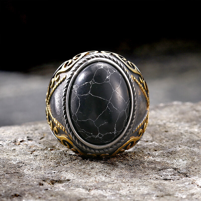 Anillo de acero inoxidable con estampado de turquesa y grietas negras