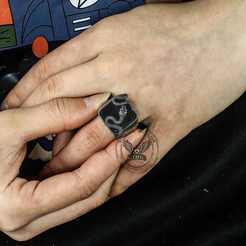 Anillo de acero inoxidable con serpiente y piedras preciosas negras