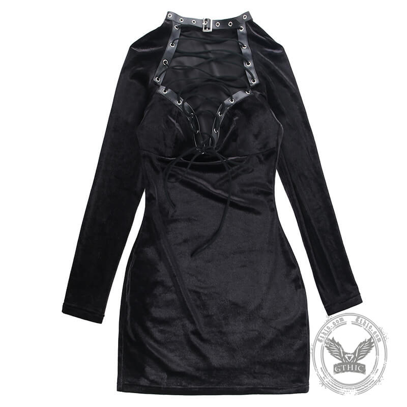 Black Lace Up Velvet Long Sleeve Bodycon Dress