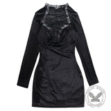 Black Lace Up Velvet Long Sleeve Bodycon Dress