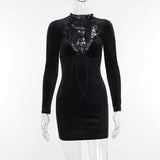 Black Lace Up Velvet Long Sleeve Bodycon Dress