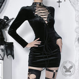 Black Lace Up Velvet Long Sleeve Bodycon Dress
