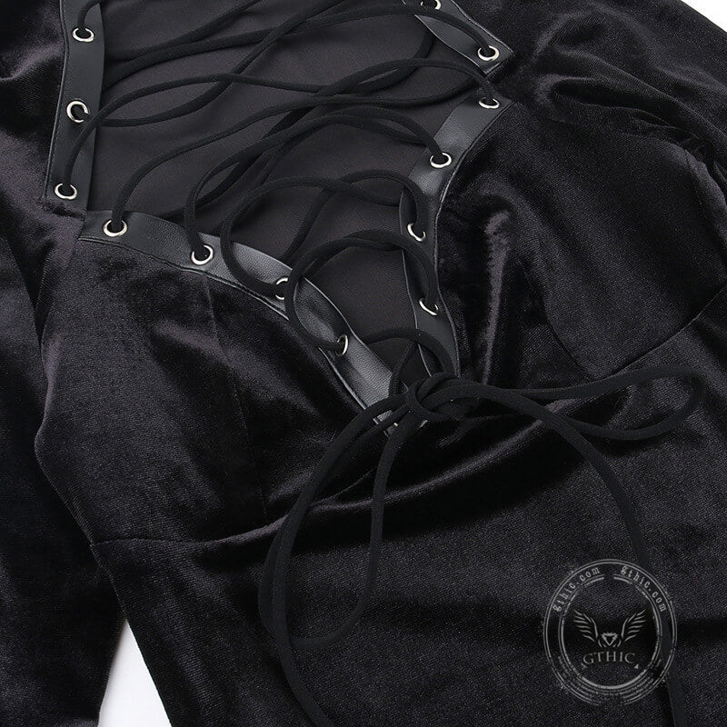 Black Lace Up Velvet Long Sleeve Bodycon Dress