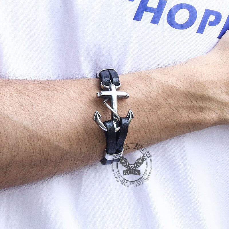 Pulsera de acero inoxidable con ancla de cuero negro