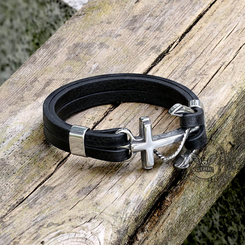 Pulsera de acero inoxidable con ancla de cuero negro