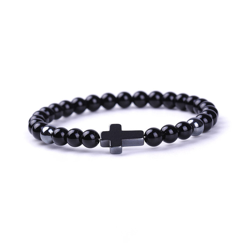 Pulsera de cuentas de piedra natural con cruz magnética negra