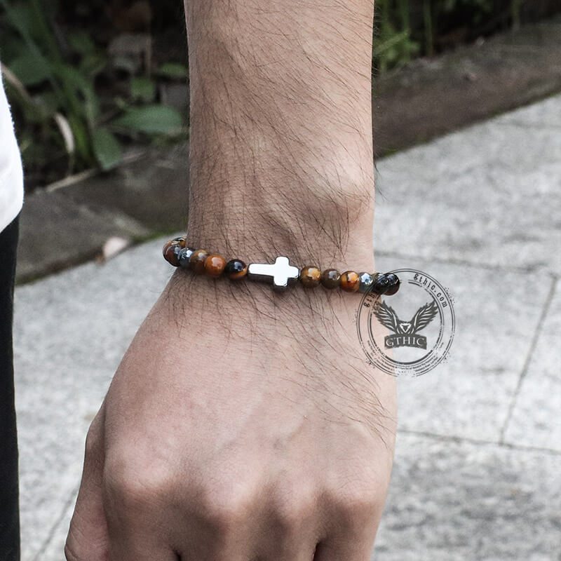 Pulsera de cuentas de piedra natural con cruz magnética negra