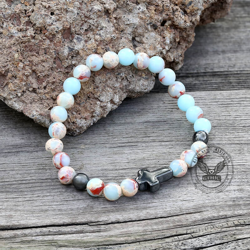 Pulsera de cuentas de piedra natural con cruz magnética negra