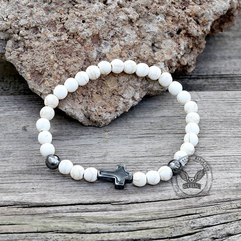 Pulsera de cuentas de piedra natural con cruz magnética negra