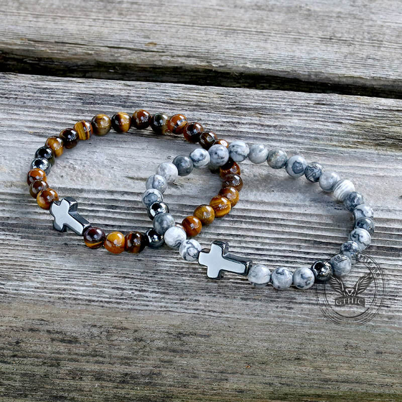 Pulsera de cuentas de piedra natural con cruz magnética negra