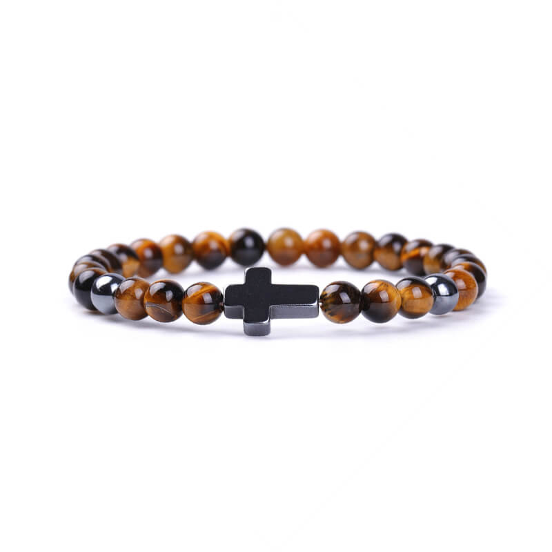 Pulsera de cuentas de piedra natural con cruz magnética negra