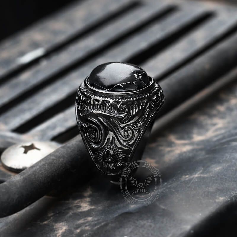 Anillo de acero inoxidable con estampado de turquesa negra