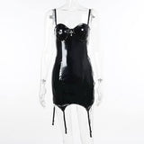 Black Shiny Leather Mini Slip Dress