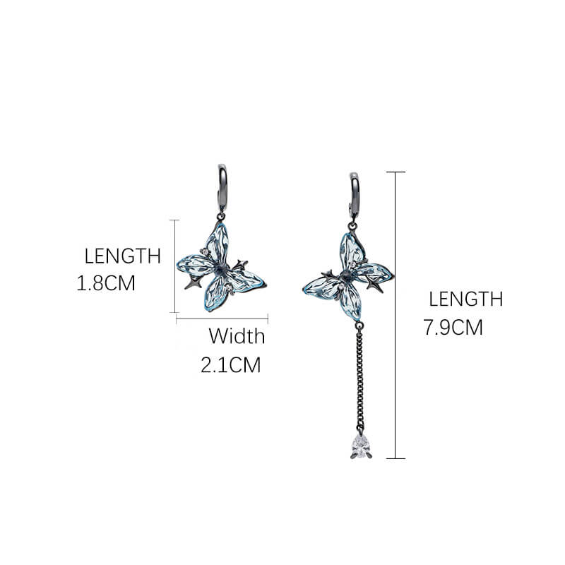 Pendientes colgantes asimétricos con borlas de mariposa azul