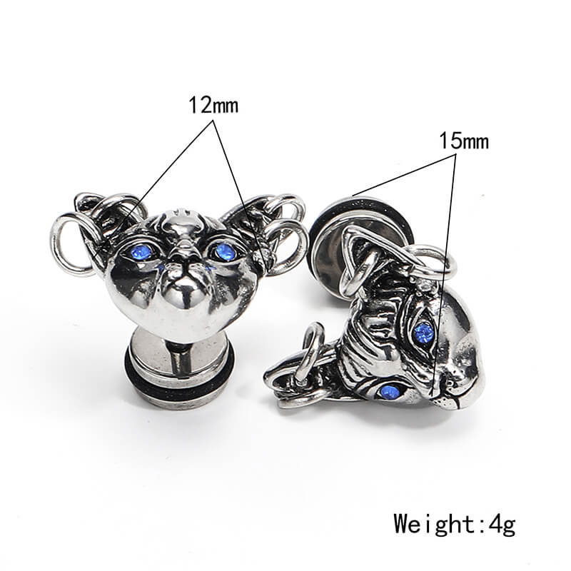 Pendiente de botón de acero inoxidable con forma de gato de ojos azules